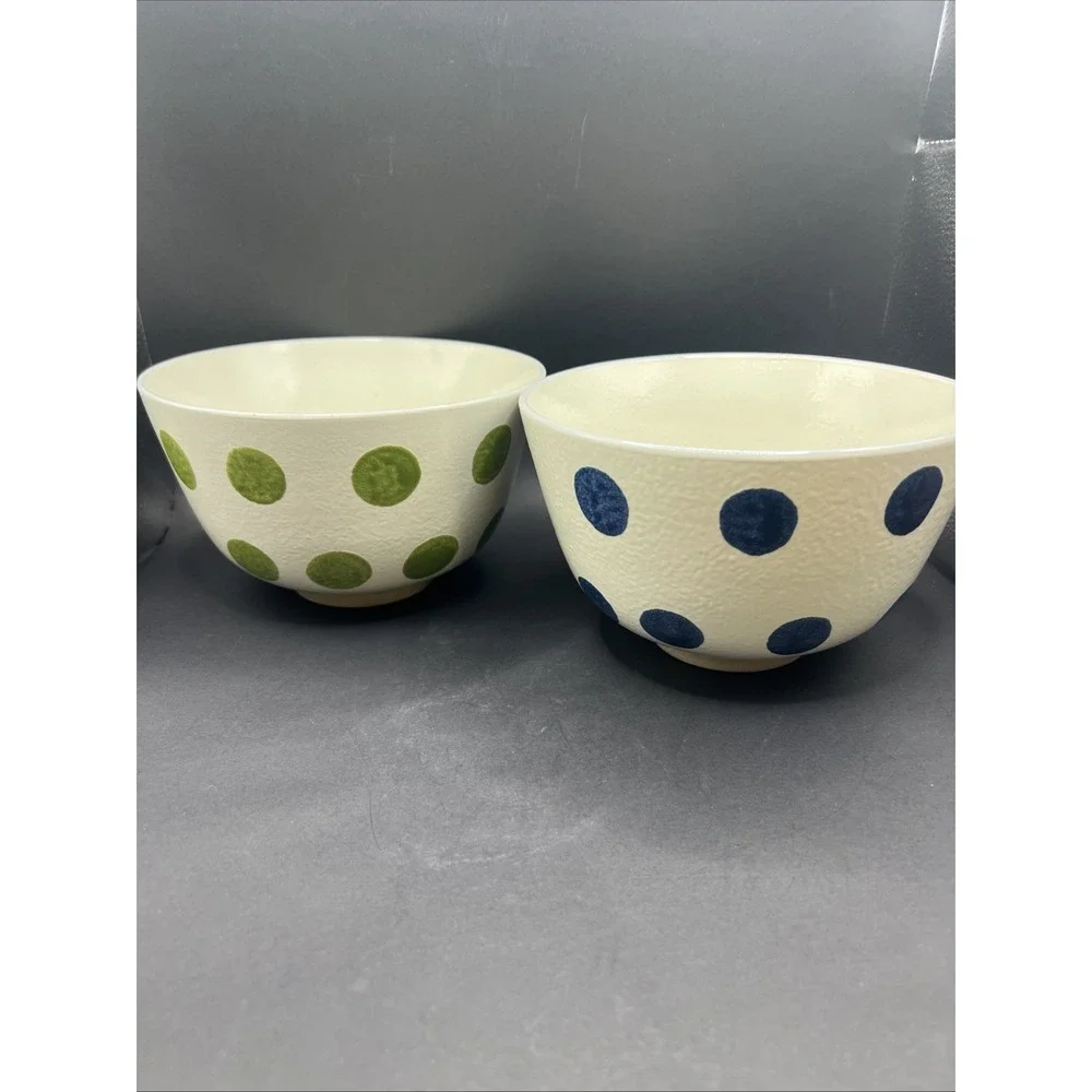 2pc Set World Market Ceramic Noodle Bowl Polka Dot Blue & Green